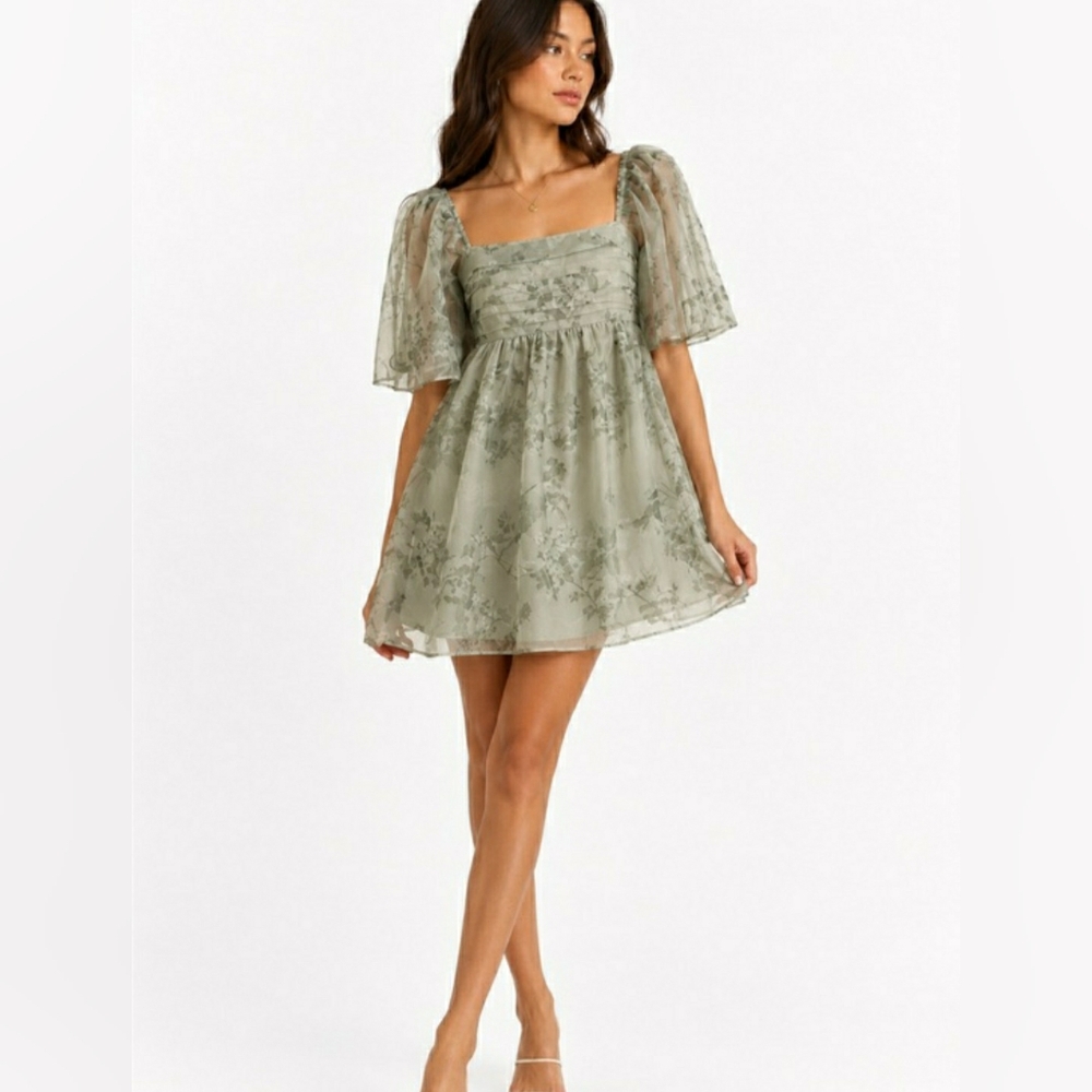Abercrombie & Fitch Floral Square-Neck Puff Sleeve Mini Dress in Sage